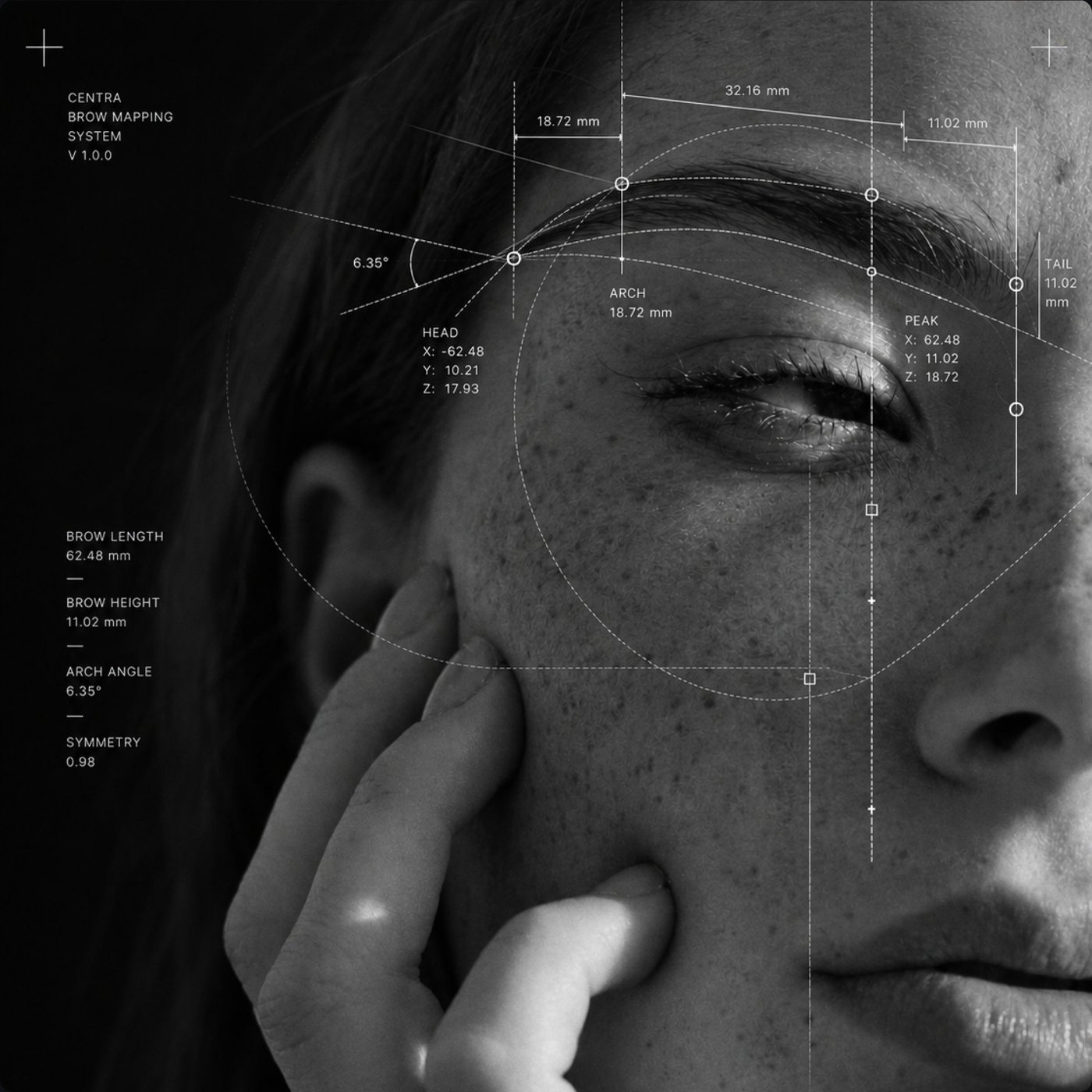 Black-and-white close-up of a face with brow measurement lines and data points