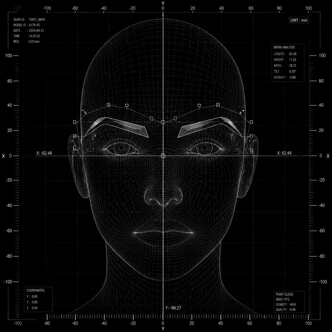 Digital facial scan with coordinate axes, brow analysis measurements and mapping points